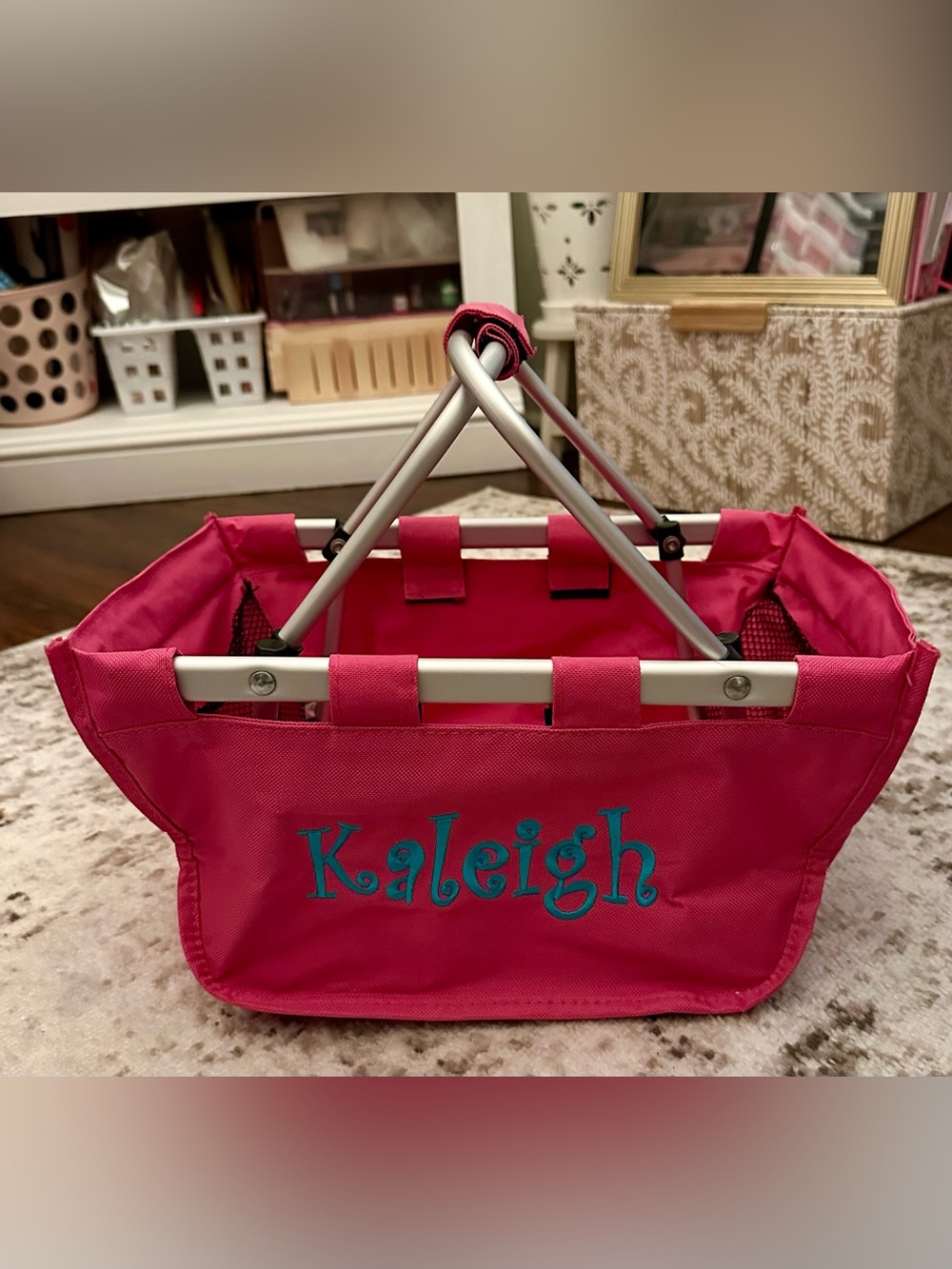 Monogrammed Mini Pink Foldable Tote basket with Sturdy Aluminum Handles